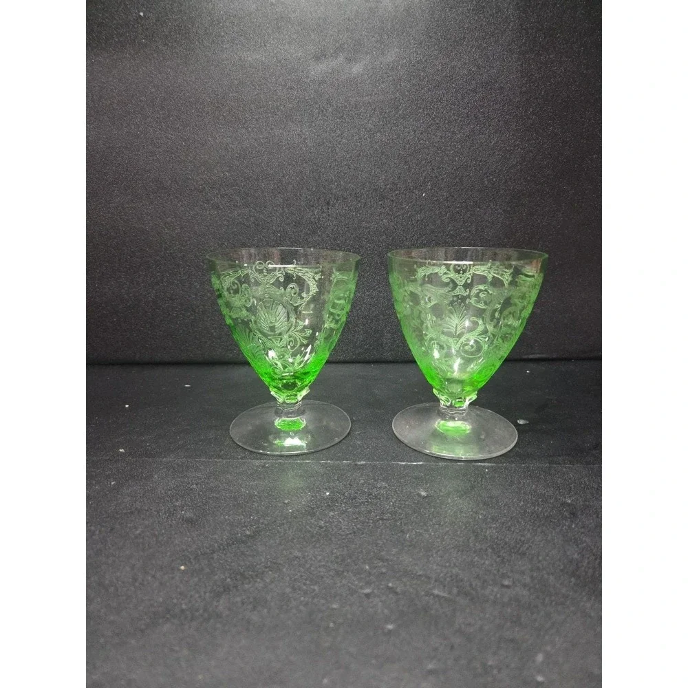 Fostoria Versailles Etched‎ Cocktail Glasses, Set of 2, Vtg Footed Uranium Glass